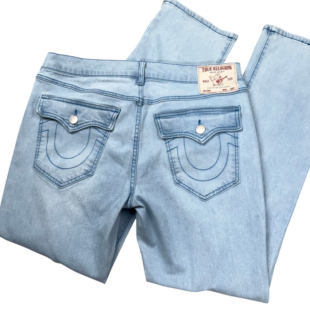 True Religion Ricky Jeans Mens 34 Blue Fade Relaxed Straight Flap Pocket Denim